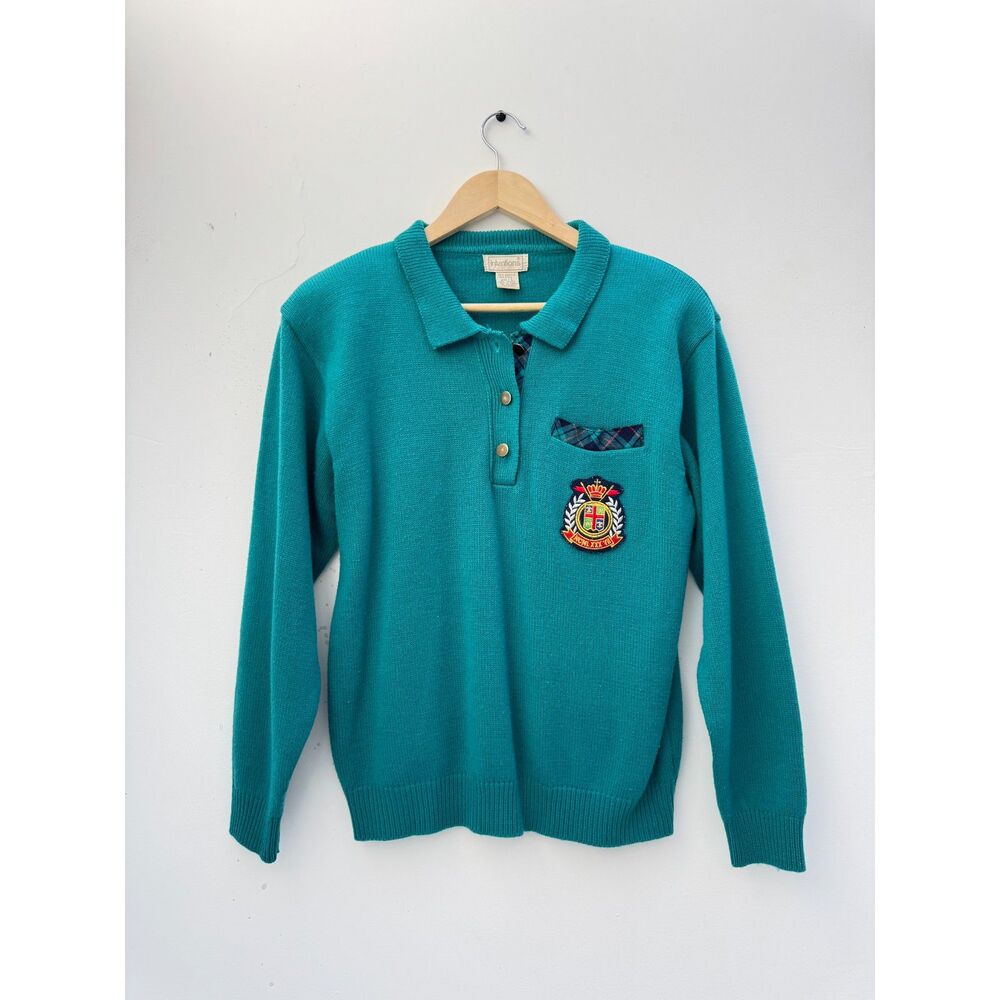 Vintage Intentions Teal Wool Blend Crest Polo Sweater L Preppy 80s 90s